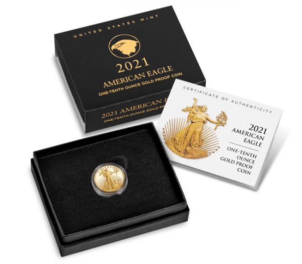 Zlatá mince 2021 American Eagle - nový design! 1/10 Oz PP