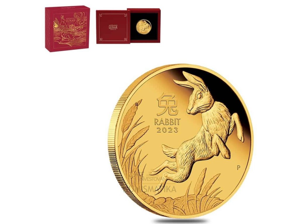 Zlatá minca Lunární série - Rok Zajaca 1/10 Oz 2023 v etuji