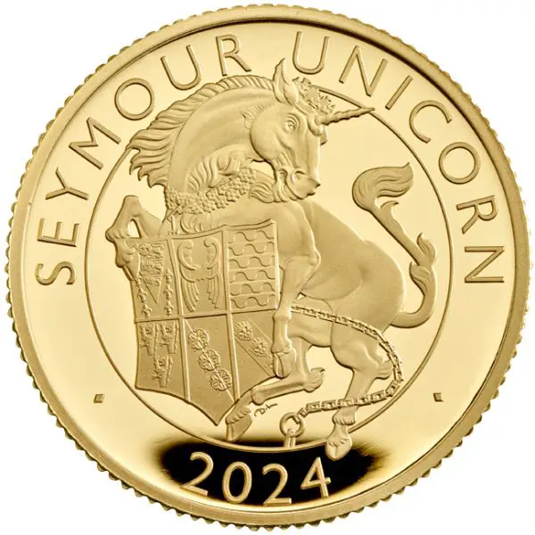 Zlatá minca Tudorovské zvieratá - Seymour Unicorn 2024, 1/4 oz v etuji