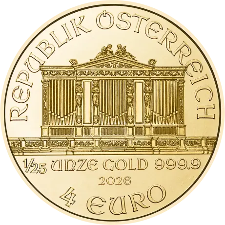 Zlatá minca Viedenskí filharmonici 2026, 1/25 oz