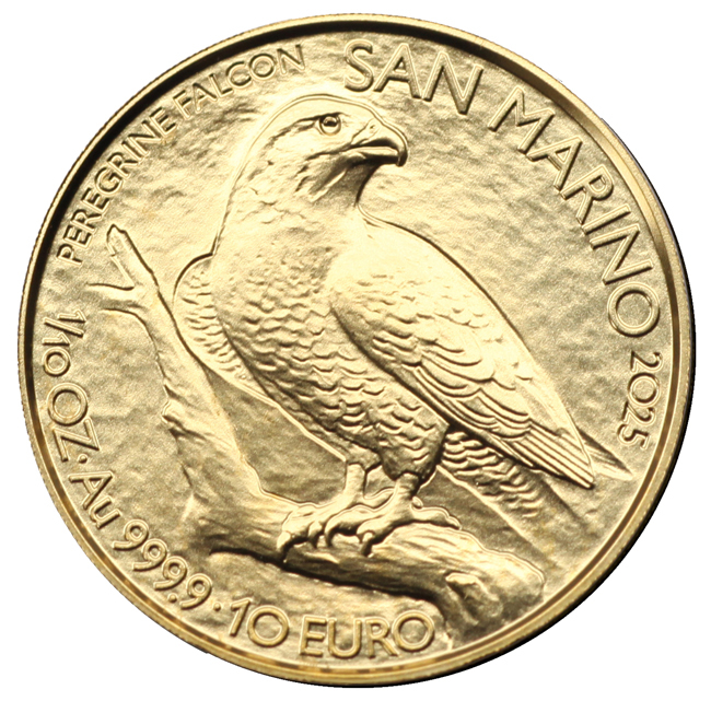 Zlatá minca San Marino - Sokol 2025, 1/10 oz
