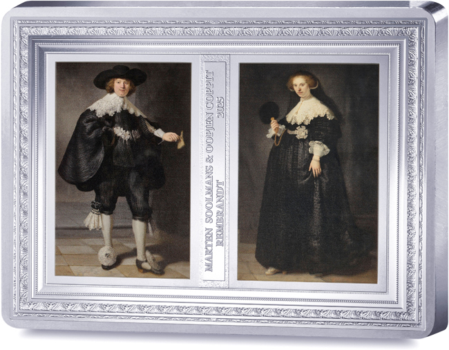 Rembrandt - obraz Marten Soolmans und Oopjen Coppit Porträt 2025,  stříbrná mince v etuji, 500 g