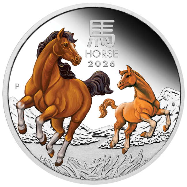 Lunární kůň 2026 - Perth Mint, barevná stříbrná mince v etuji, 1 oz