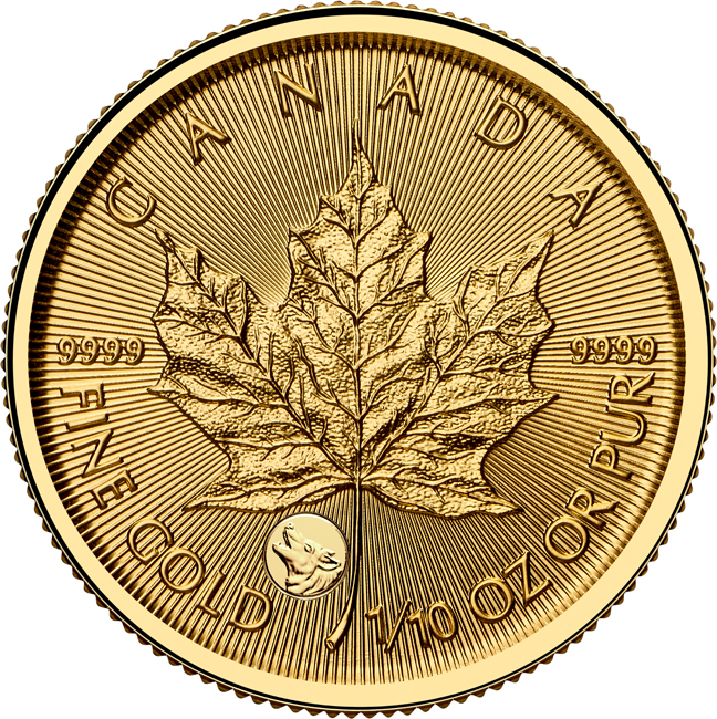 Vzácný Maple Leaf 2026 - privy mark -Vlk, zlatá mince v blistru, 1/10 oz