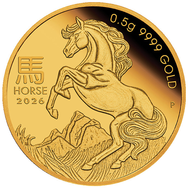 Lunární kůň 2026, Perth Mint, zlatá mince v blistru; 0.5 g