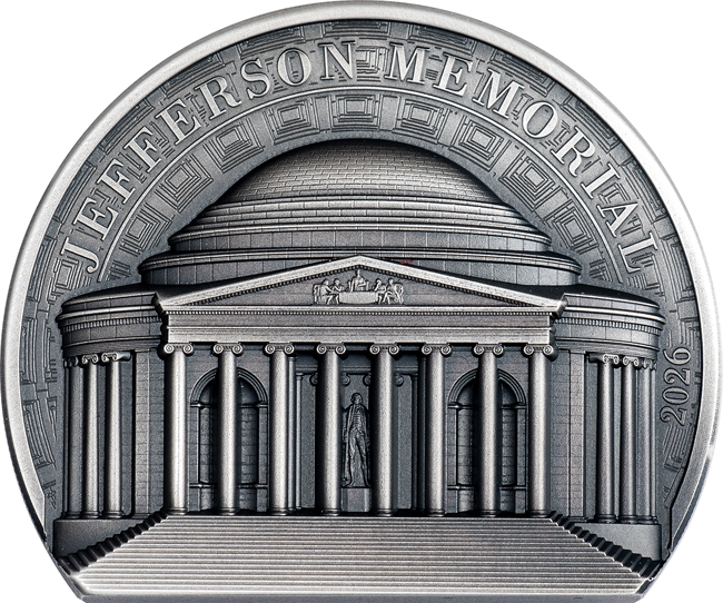 Jeffersonův památník 2026, stříbrná mince v etuji, 2 oz