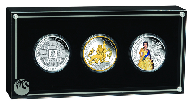 Královna Alžběty II. - sada stříbrných mincí v etuji, 3 x 1 oz