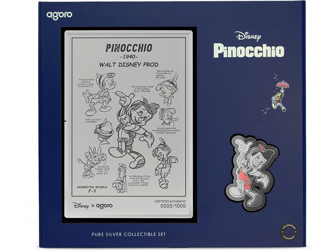 Pinocchio 2026, stříbrná obdélníková mince, 28 g